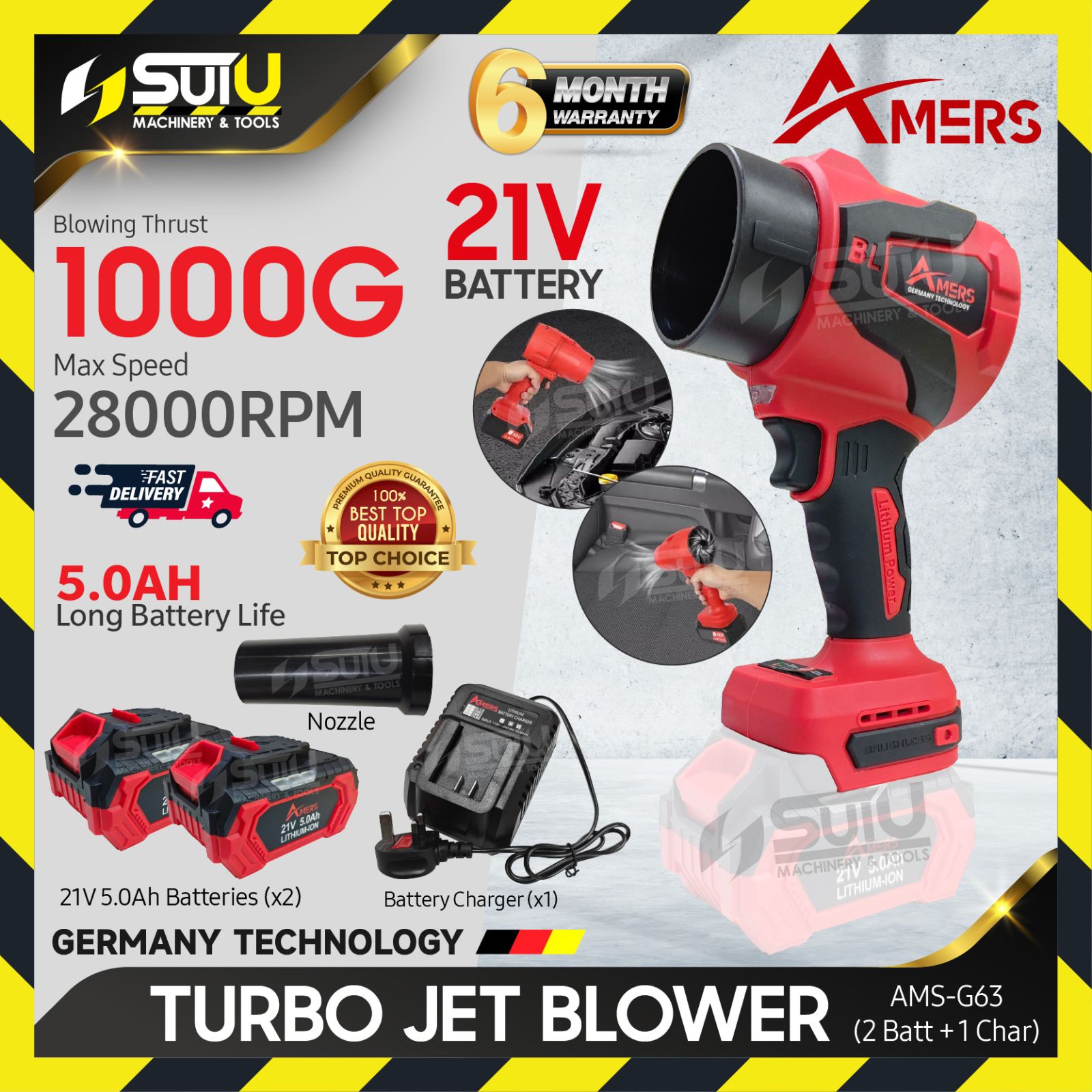 AMERS AMS-G63 / AMSG63 21V Cordless Turbo Jet Blower 1000G w/ 2Bat 5.0Ah + Charger