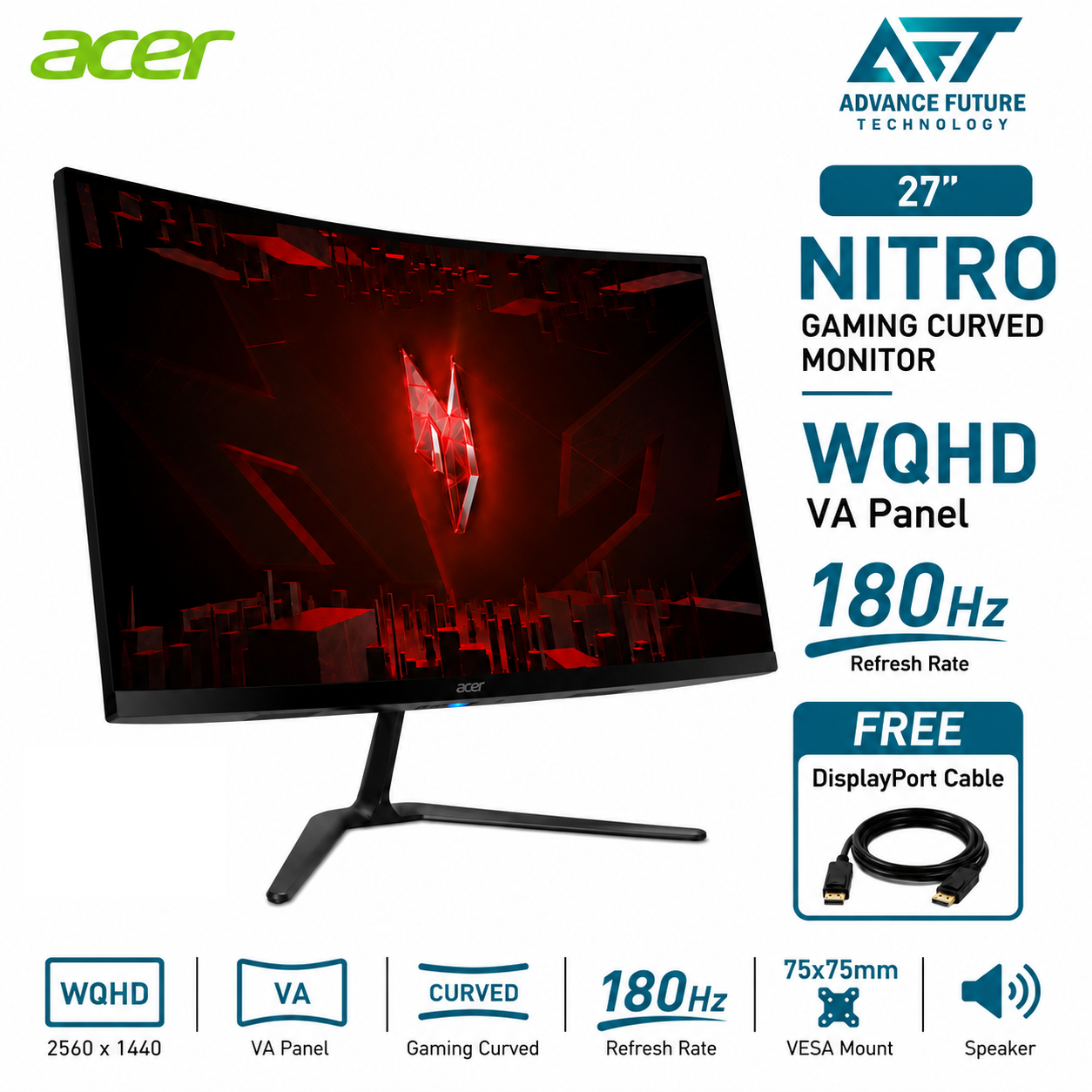 Acer Nitro ED270US3 27'' WQHD VA 180Hz Gaming Curved Monitor ( Speaker, 2x HDMI, DP, Audio-Out, 3 Years Warranty )