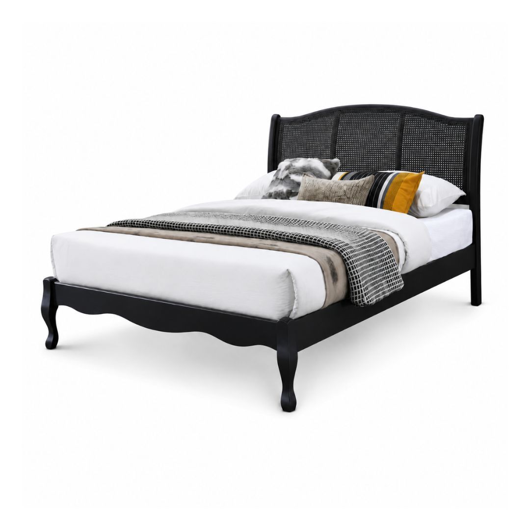 Black Bedframe with Woven Rattan Style Headboard