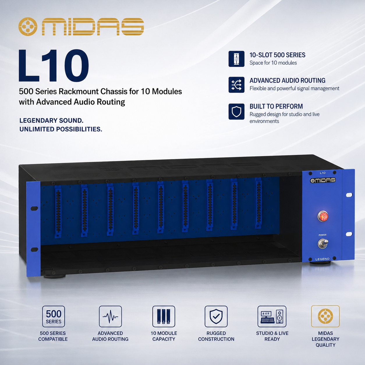 Midas L10 – 500 Series Rackmount Chassis for 10 Modules with Advanced Audio Routing