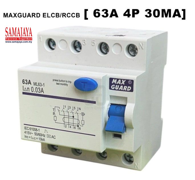 Maxguard 63A 4 Pole 0.03A/ 30mA ELCB/ RCCB