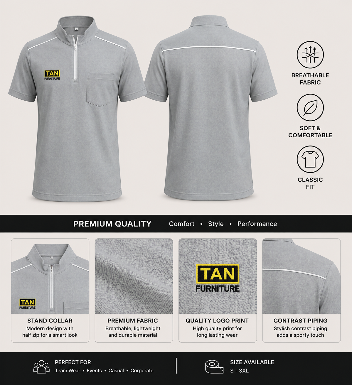 Tan Furniture Corporate Half-Zip Stand Collar Uniform Polo