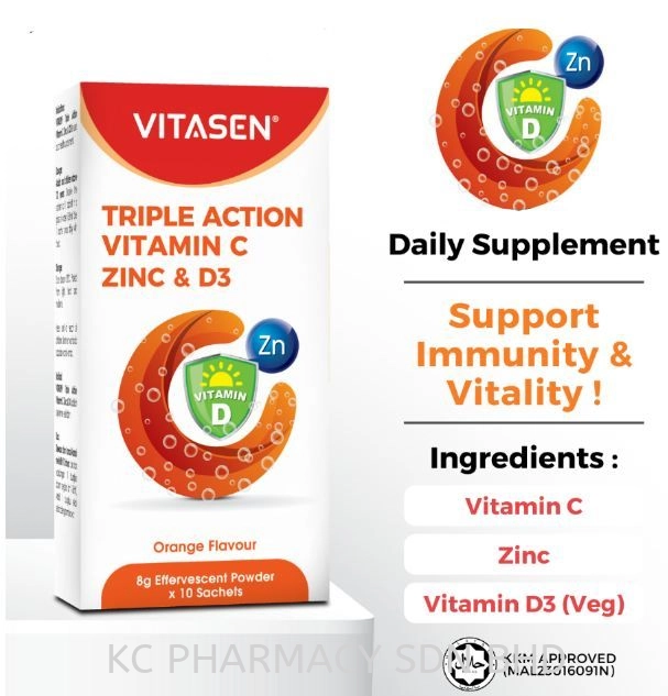 Vitasen Triple Action Vitamin C ZinC & D3 ( EXP : 01/2026) (8g Effervescent Powder x 10 Sachets)