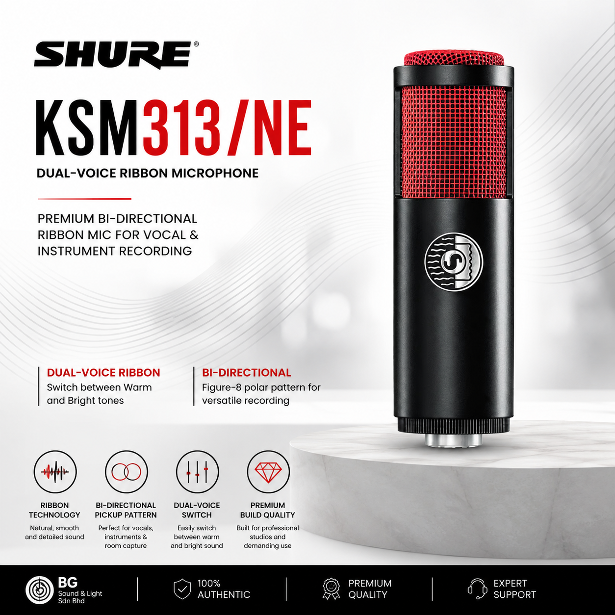 Shure KSM313/NE Mikrofon Pita Dwi-Suara – Mikrofon Pita Dwihala Premium untuk Rakaman Vokal & Alat Muzik