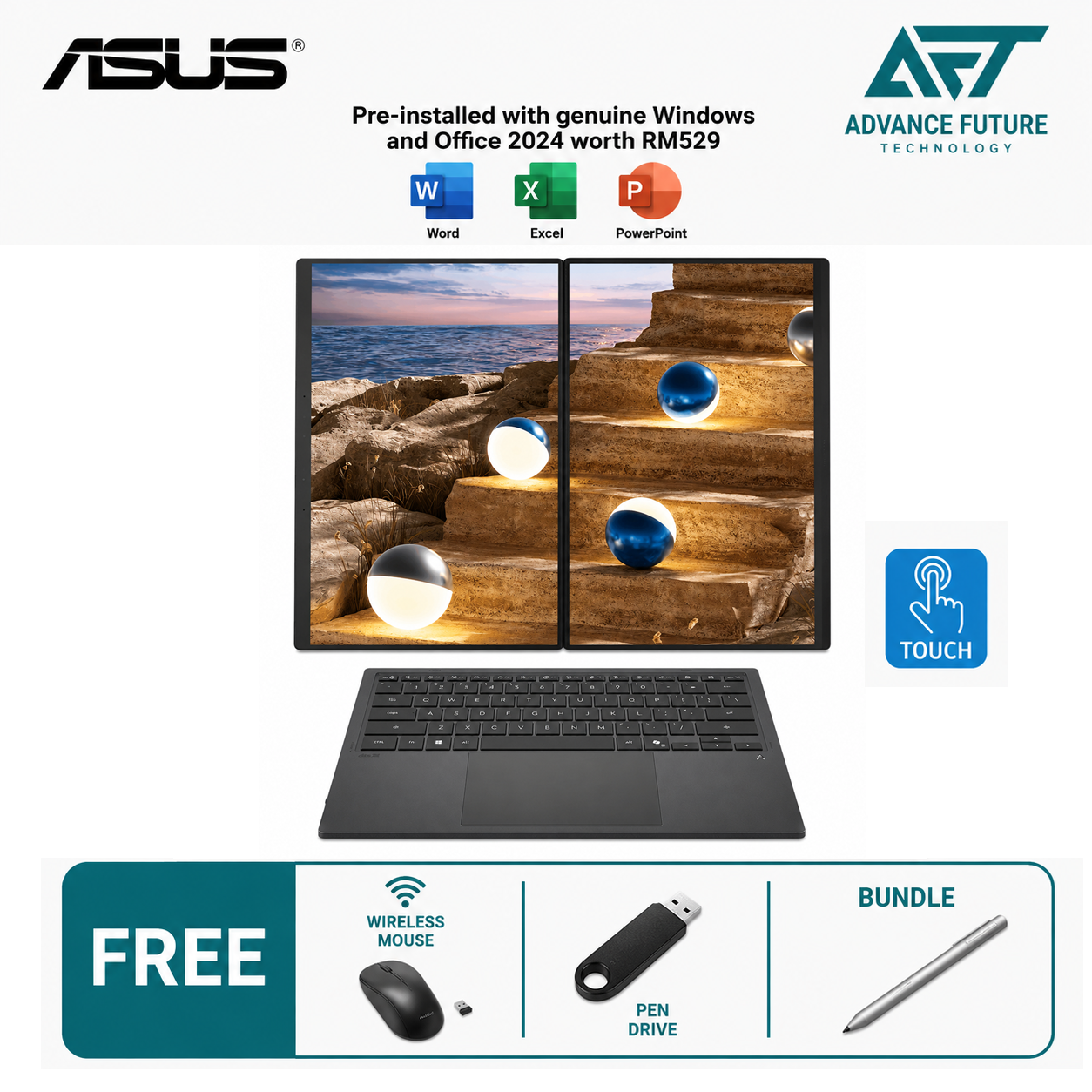 Asus Zenbook Duo UX8407A-ASN358WS 14" 3K OLED Touch Laptop Moher Gray ( Intel Core Ultra X7 358H, 32GB, 1TB SSD, Intel, W11, H&S 2024&M365 )