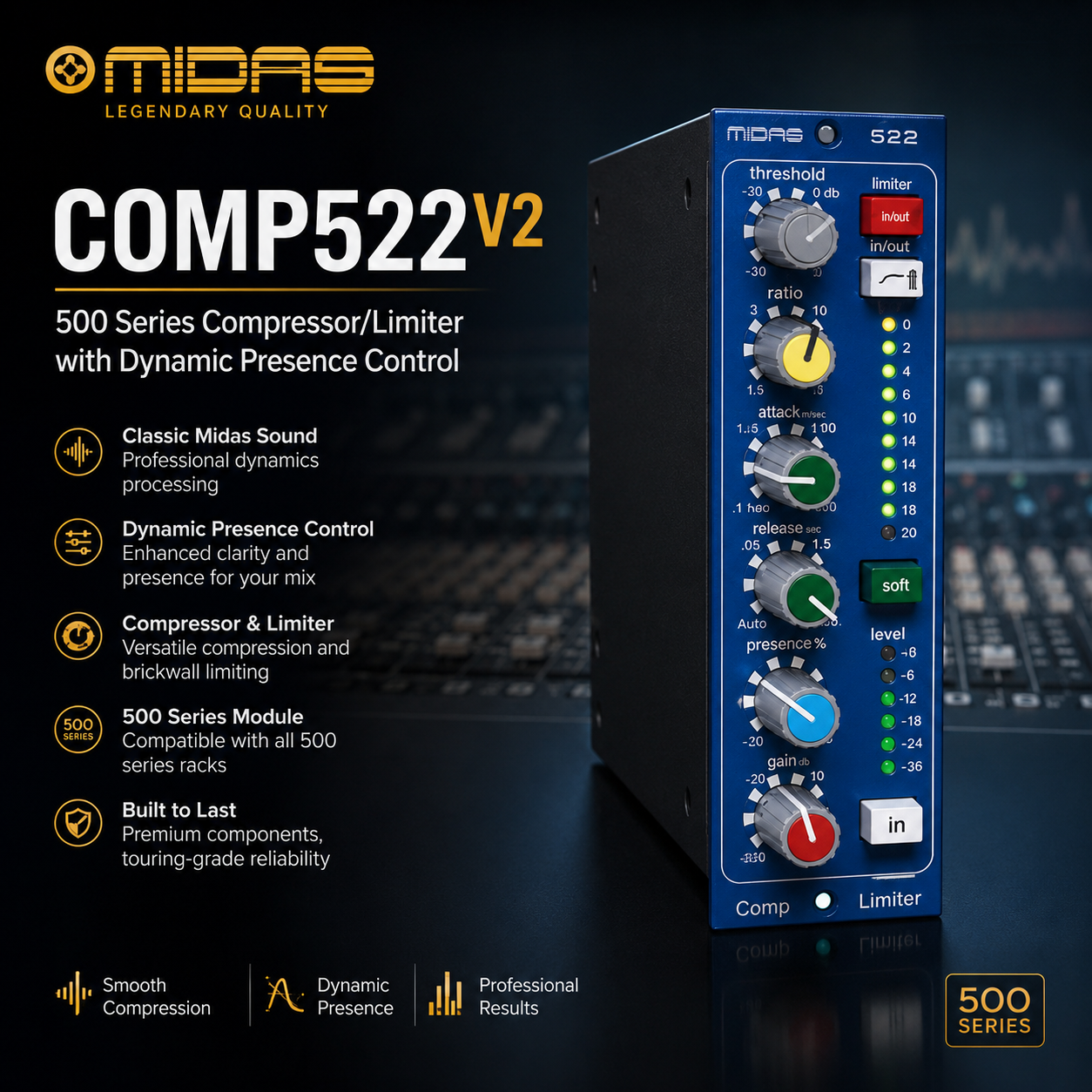 Midas COMP522V2 – 500 Series Compressor/Limiter with Dynamic Presence Control