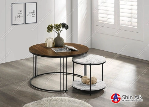 NS65063 (2.5'ft) Walnut & White Marble with Black Metal Industrial Style Round Nesting Coffee Table