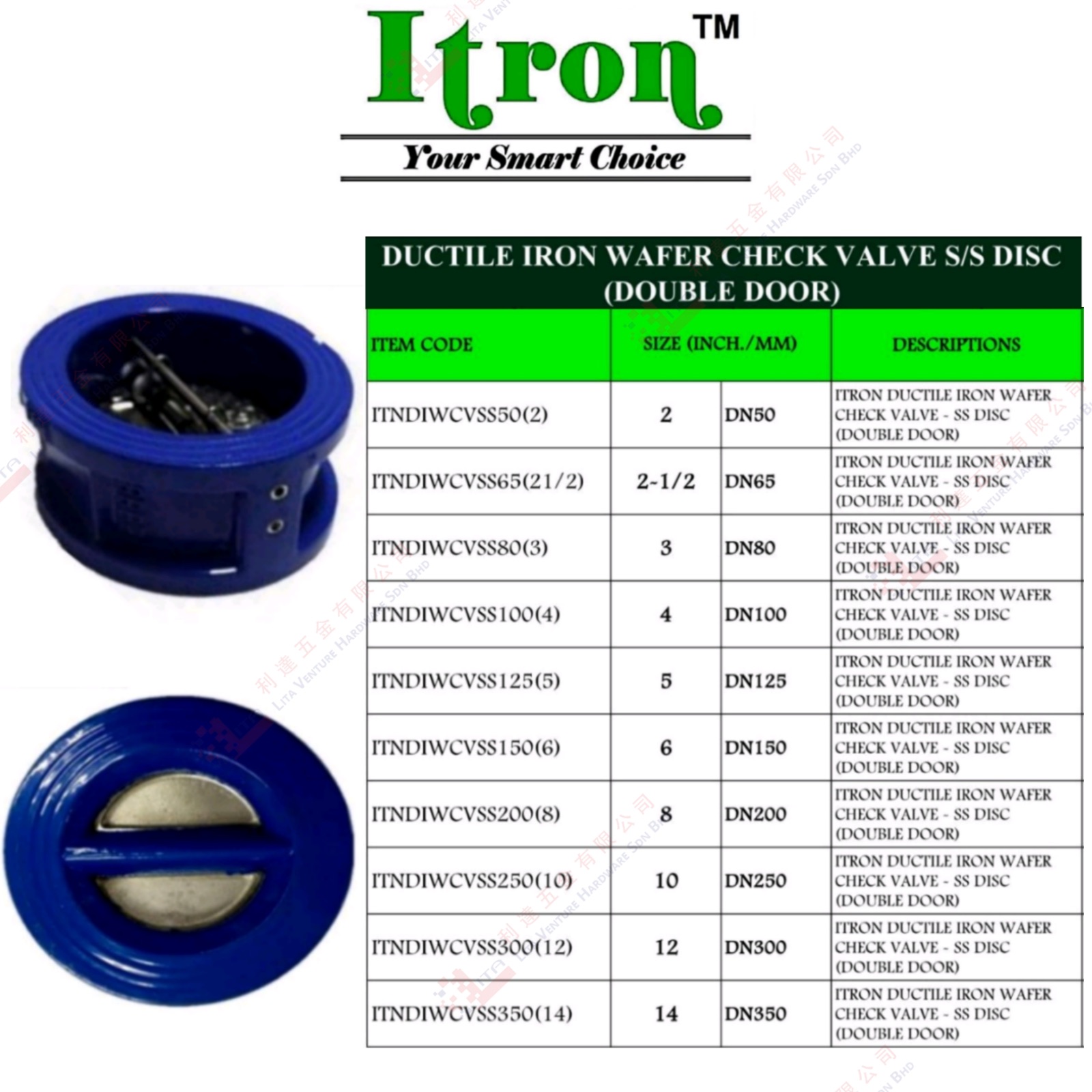 ITRON BRAND DUCTILE IRON WAFER CHECK VALVE S.STEEL DISC - ITNDIWCVSS502 ITNDIWCVSS65212 ITNDIWCVSS803 ITNDIWCVSS1004 ITNDIWCVSS1255 ITNDIWCVSS1506 ITNDIWCVSS2006 ITNDIWCVSS2508 ITNDIWCVSS25010ITNDIWCVSS30012