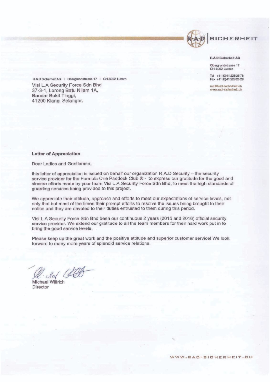 Letter of Appreciation from R.A.D Security, Germany & Visi L.A. Security Force Sdn Bhd