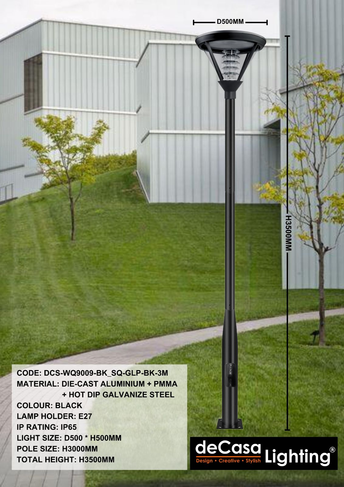 OUTDOOR GARDEN POLE LIGHT (DCS-WQ9009-BK_SQ-GLP-BK-3M)