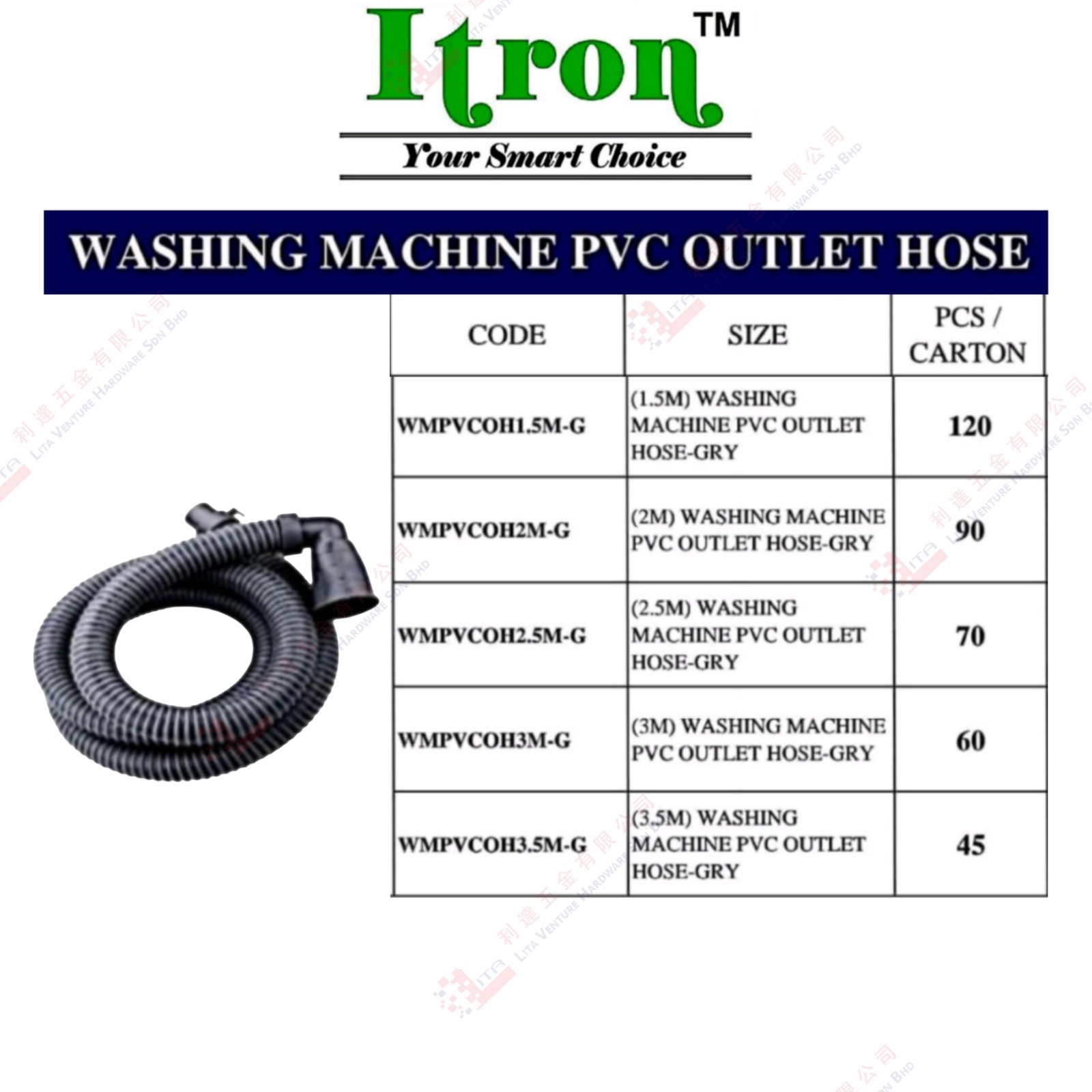 ITRON BRAND WASHING MACHINE PVC OUTLET HOSE - VMPVCOH1.5MG VMPVCOH2MG VMPVCOH2.5MG VMPVCOH3MG VMPVCOH3.5MG