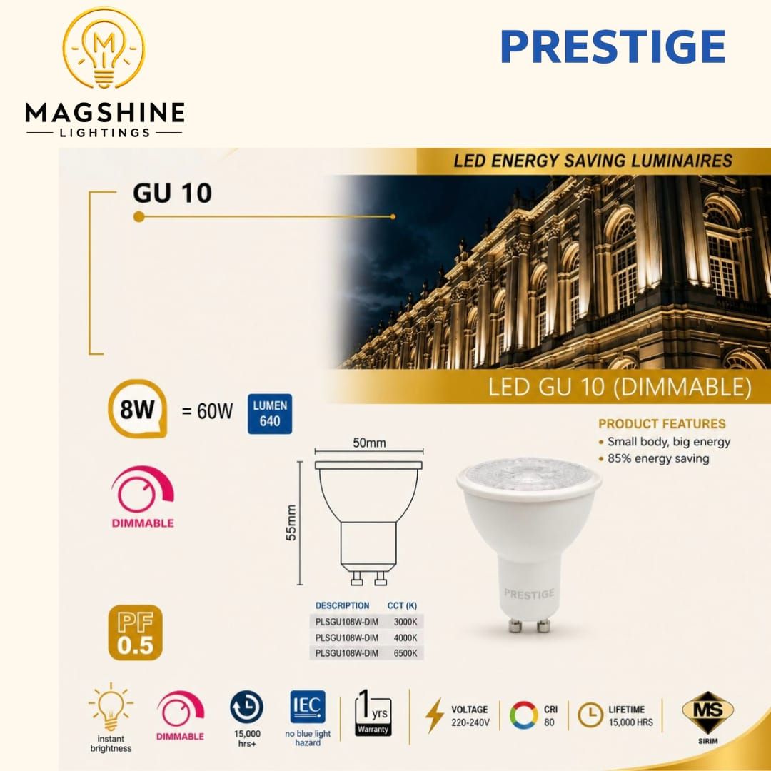 PRESTIGE LED ENERGY SAVING LUMINAIRES GU10 8W (DIMMABLE)