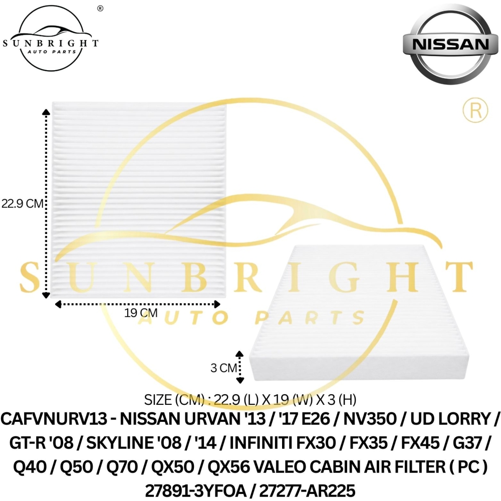 CAFVNURV13 - NISSAN URVAN '13 / '17 E26 / NV350 / UD LORRY / GT-R '08 / SKYLINE '08 / '14 / INFINITI FX30 / FX35 / FX45 / G37 / Q40 / Q50 / Q70 / QX50 / QX56 VALEO CABIN AIR FILTER ( PC ) 27891-3YFOA / 27277-AR225