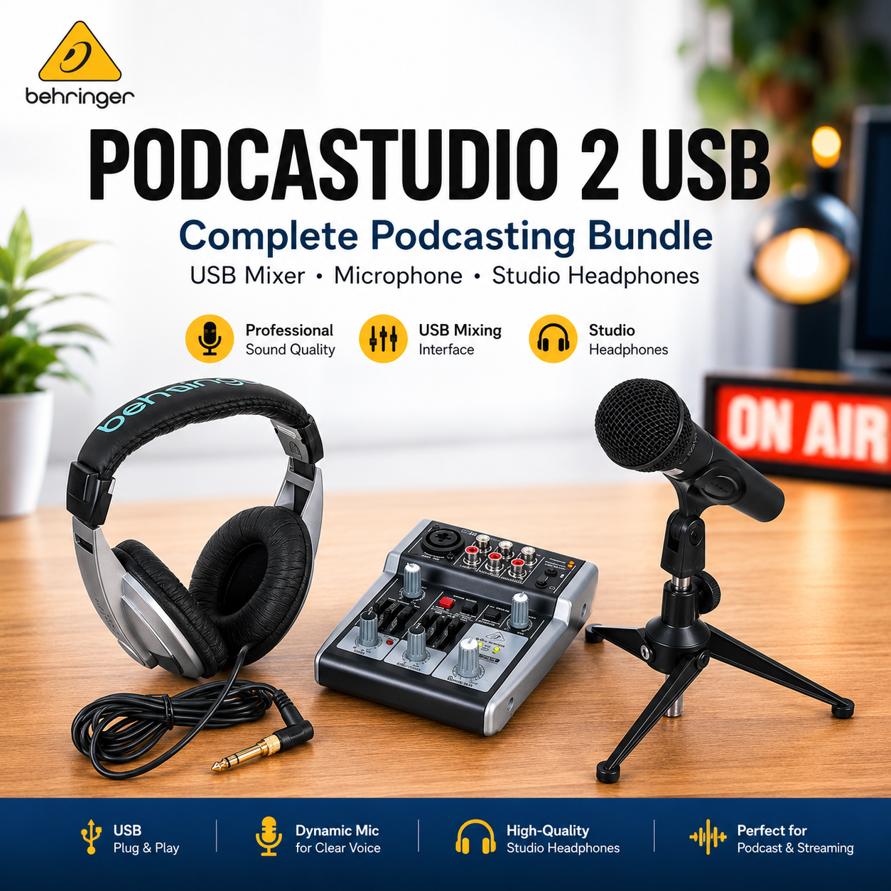 Behringer PODCASTUDIO 2 USB – Complete Podcasting Bundle with USB Mixer, Microphone & Studio Headphones