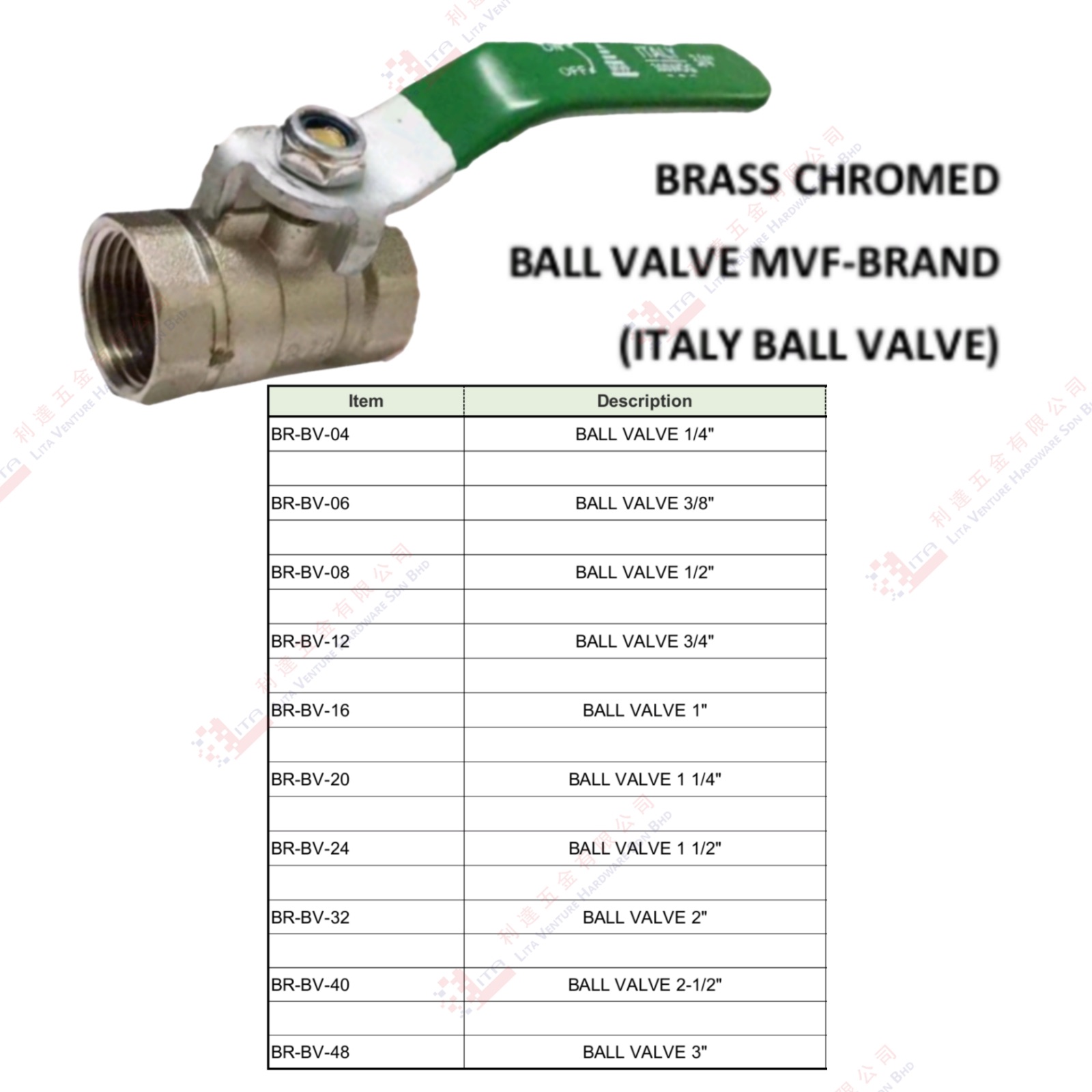 BRASS CHROME BALL VALVE MVF-BRAND - BRBV04 BRBV06 BRBV08 BRBV12 BRBV16 BRBV20 BRBV24 BRBV32 BRBV40 BRBV48