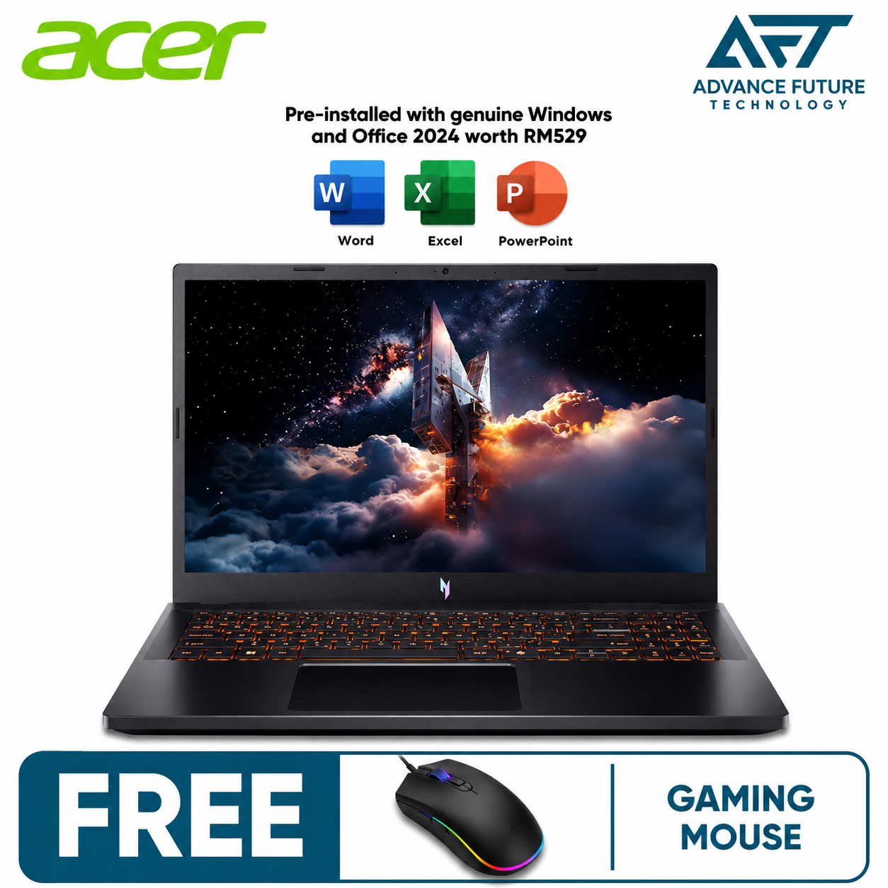 Acer Nitro V15 ANV15-52-78XQ 15.6" FHD 180Hz Gaming Laptop Black ( Intel Core i7 13620H, 16GB, 512GB SSD, RTX5050, W11, H&S 2024&M365 )