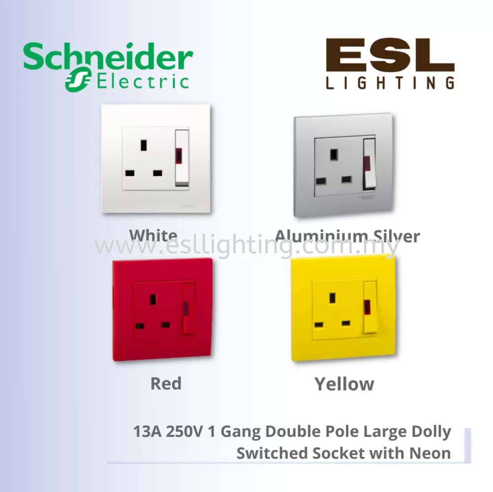 SCHNEIDER Vivace 13A 250V 1 Gang Double Pole Large Dolly Switched Socket with Neon - KB15LDN_WE_G11 KB15LDN_AS_G11 KB15LDN_RD_G11 KB15LDN_YL_G11