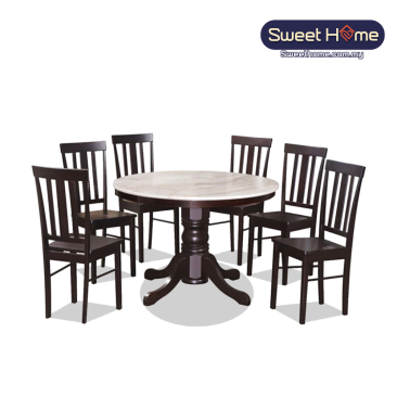 Wooden 4FT Round Marble Table and High Back Chair | Kopitiam Table Set | Cafe Furniture