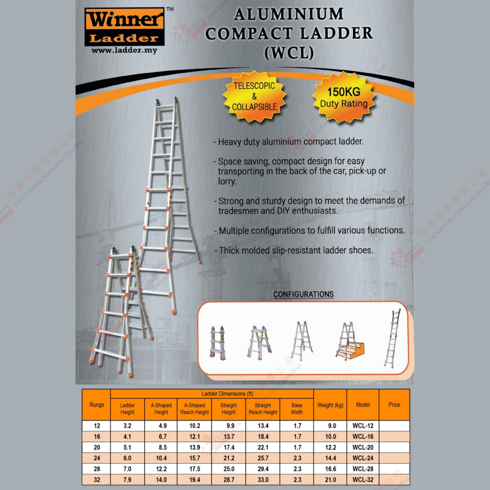 WINNER LADDER BRAND HEAVY DUTY ALUMINIUM COMPACT LADDER - WCL12 WCL16 WCL20 WCL24 WCL28 WCL32