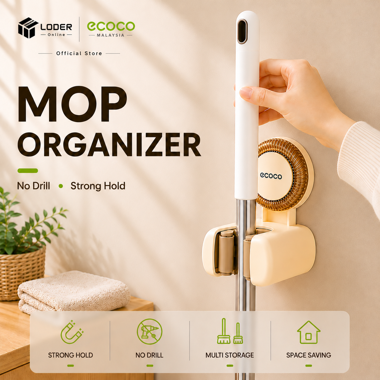 LODER ECOCO Mop Holder Wall Mounted Broom Holder No Drill Vacuum Suction Organizer Rack Bathroom Kitchen