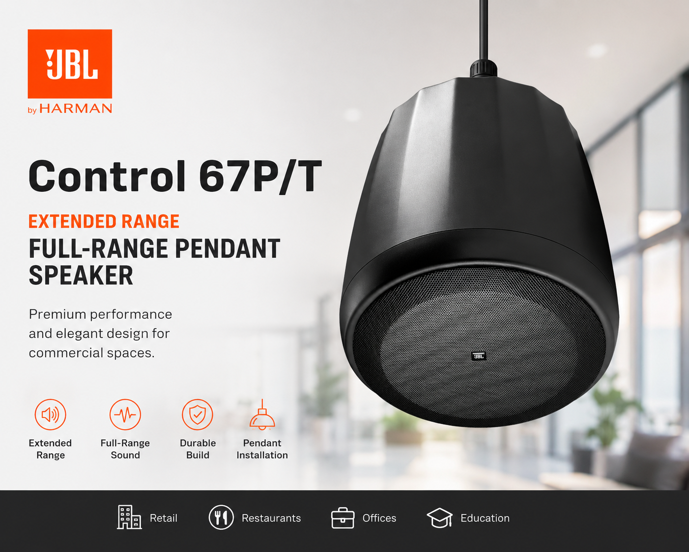JBL Control67P/T – Extended Range Full-Range Pendant Speaker for Commercial Audio