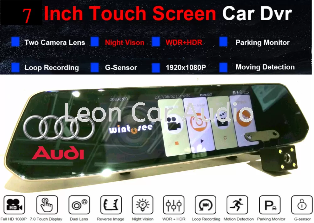 Audi 7" FHD Touch Screen Rear View Mirror Dual Lens DVR Camera
