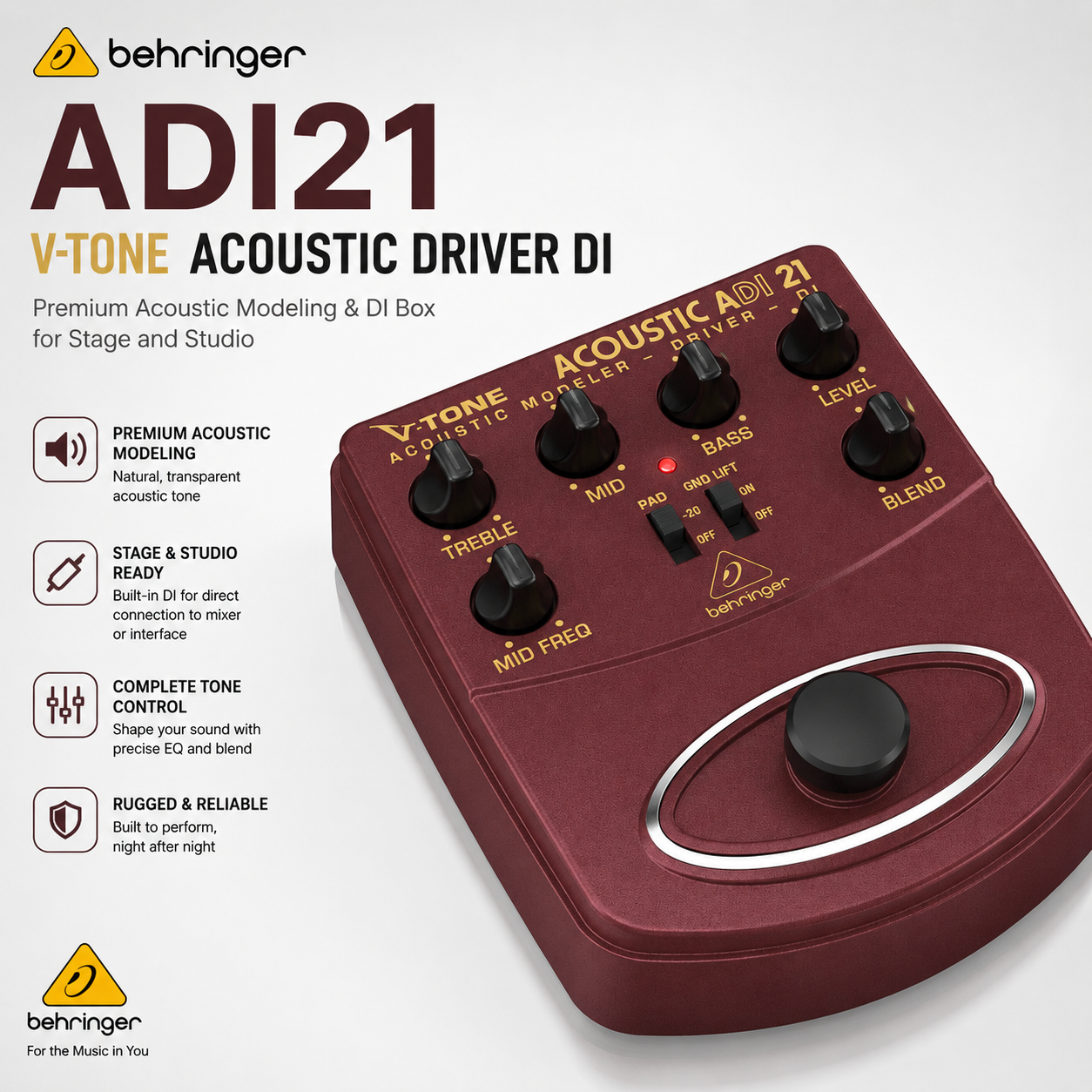 Behringer ADI21 V-Tone Acoustic Driver DI Pedal – Preamplifier, EQ & DI Box Profesional untuk Gitar Akustik