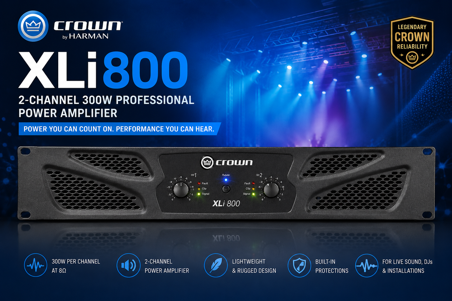 Crown XLi800 – 2-Channel 300W Professional Power Amplifier for Live Sound, DJs & Installed Audio Systems