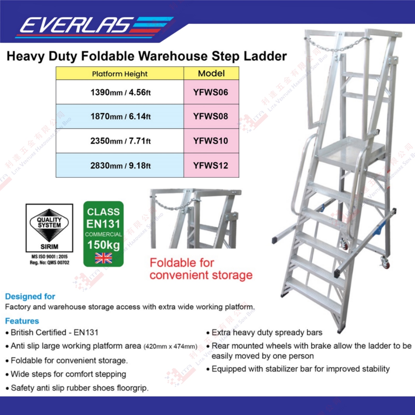EVERLAS BRAND FOLDABLE WAREHOUSE STEP LADDER - YFWS06 YFWS08 YFWS10 YFWS12