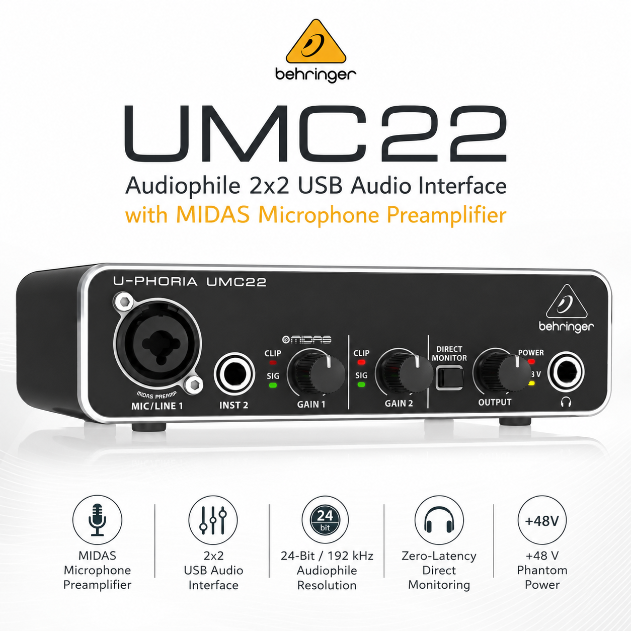 Behringer UMC22 – Antara Muka Audio USB 2x2 Audiophile dengan Preamplifier Mikrofon MIDAS