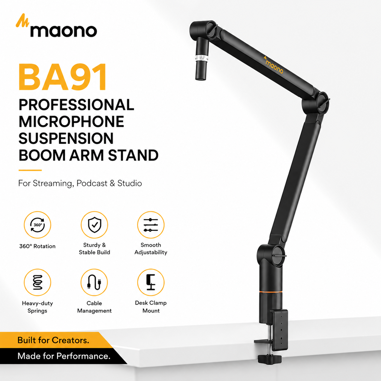 Maono BA91 – Lengan Mikrofon Gantung Profesional untuk Penstriman, Podcast & Studio