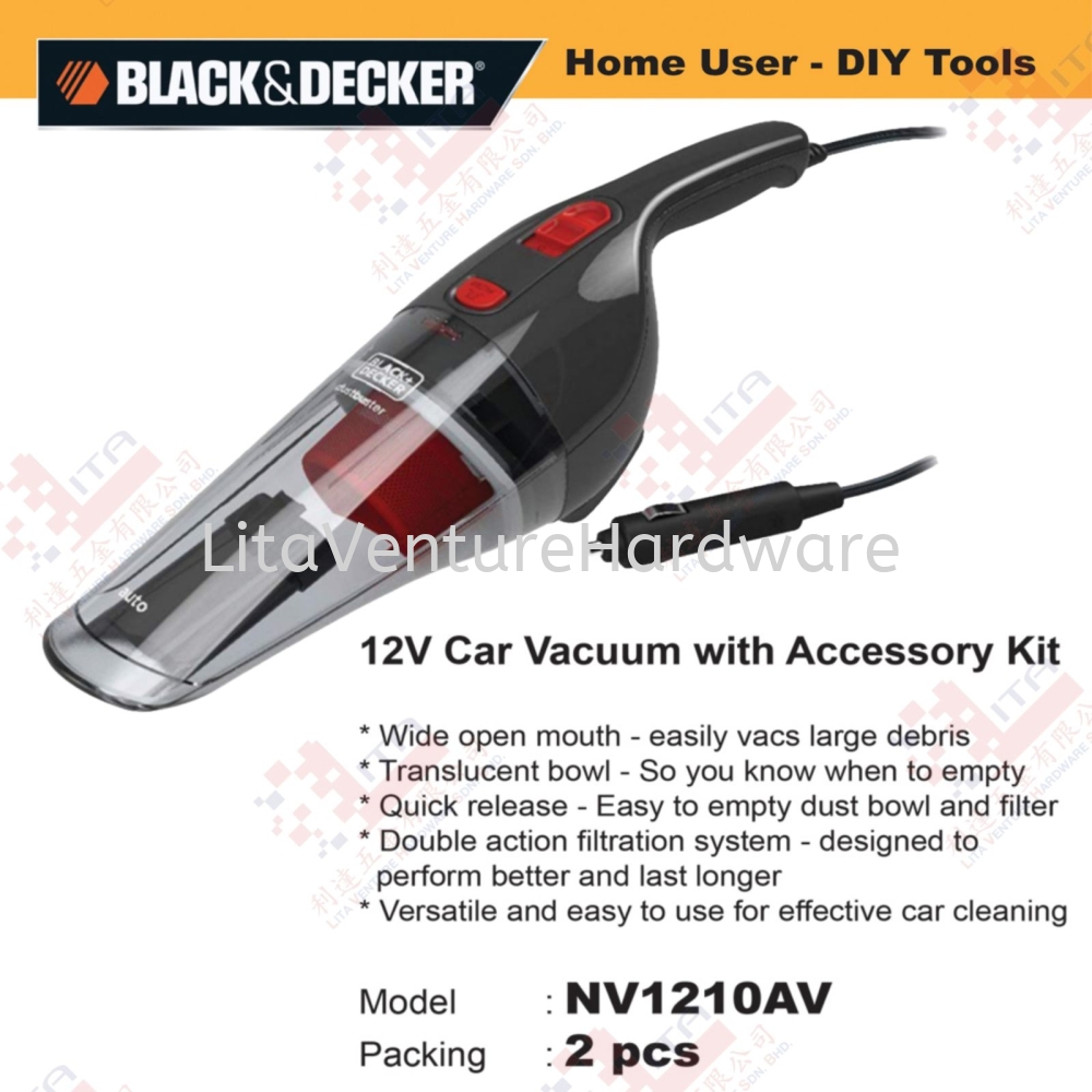 BLACK&DECKER BRAND 12V CAR VACUUM WITH ACCESSORY KIT - NV1210AV