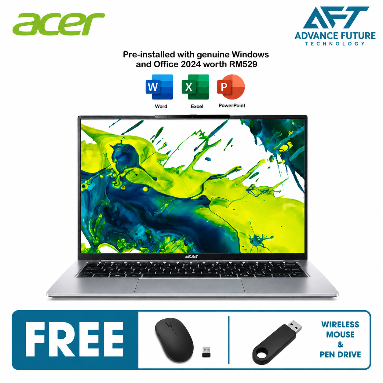 Acer Aspire Lite 14 AL14-53P-50UY 14" WUXGA Laptop Silver ( Intel Core Ultra 5 115U, 16GB, 512GB SSD, Intel, W11, H&S 2024&M365 )