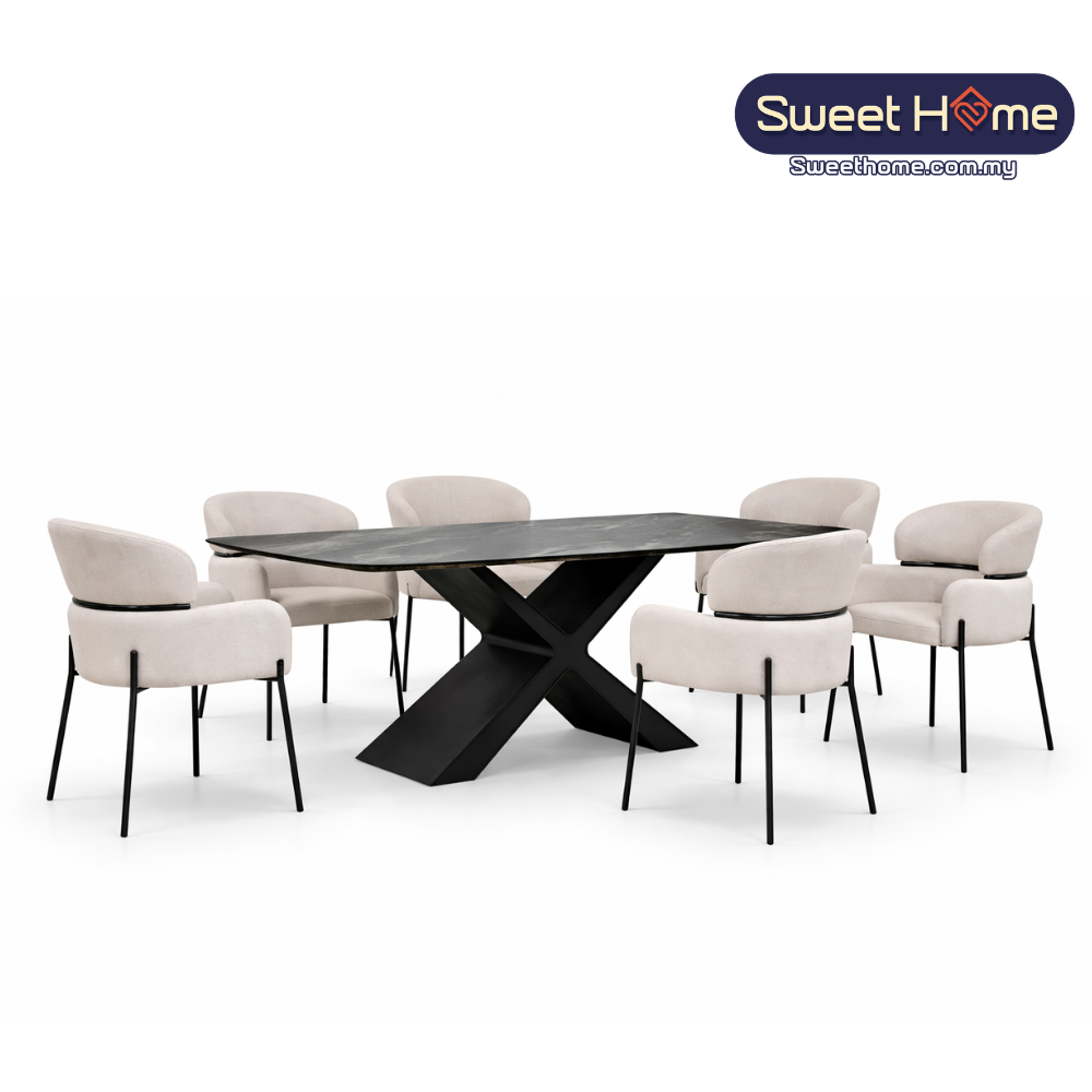 BARCA Rectangular Crystal Marble Dining Table Set – Black Stone Top with Metal Base (6 Seater)