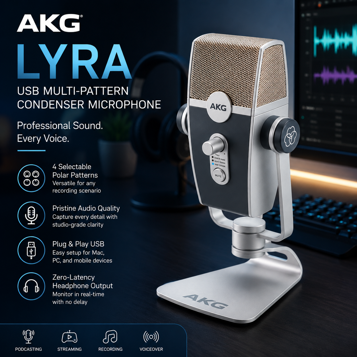 AKG Lyra USB Multi-Pattern Condenser Microphone for Podcasting, Streaming & Recording