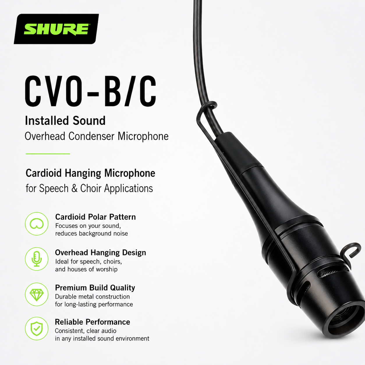 Shure CVO-B/C Mikrofon Kondensor Overhed Pemasangan (Hitam) – Mikrofon Gantung Kardioid untuk Ucapan & Koir