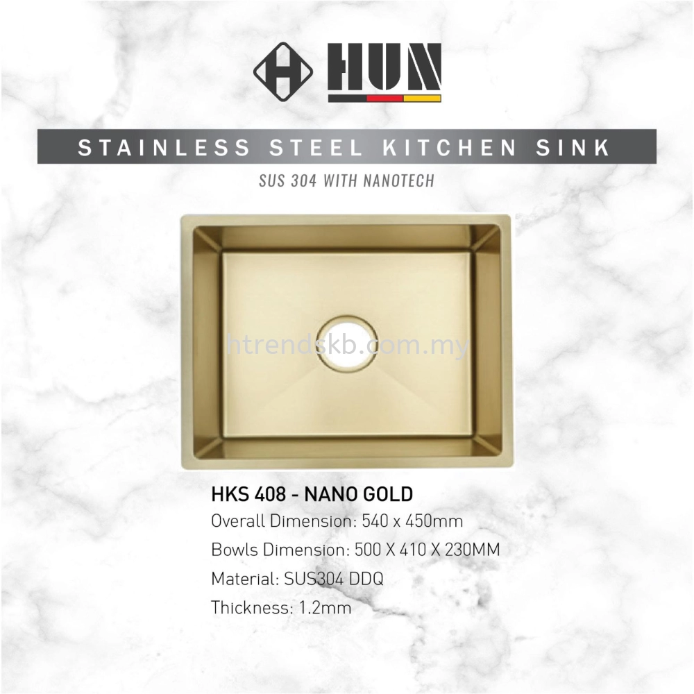 HUN 304 Nano Stainless Steel Kitchen Sink - Single Bowl (Nano Gold) HKS408