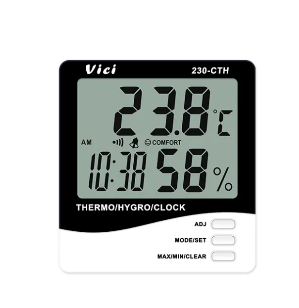 Vici 230-CTH Digital Thermo Hygro Meter, Clock/Date function, Max/Min temperature humidity memory functions.