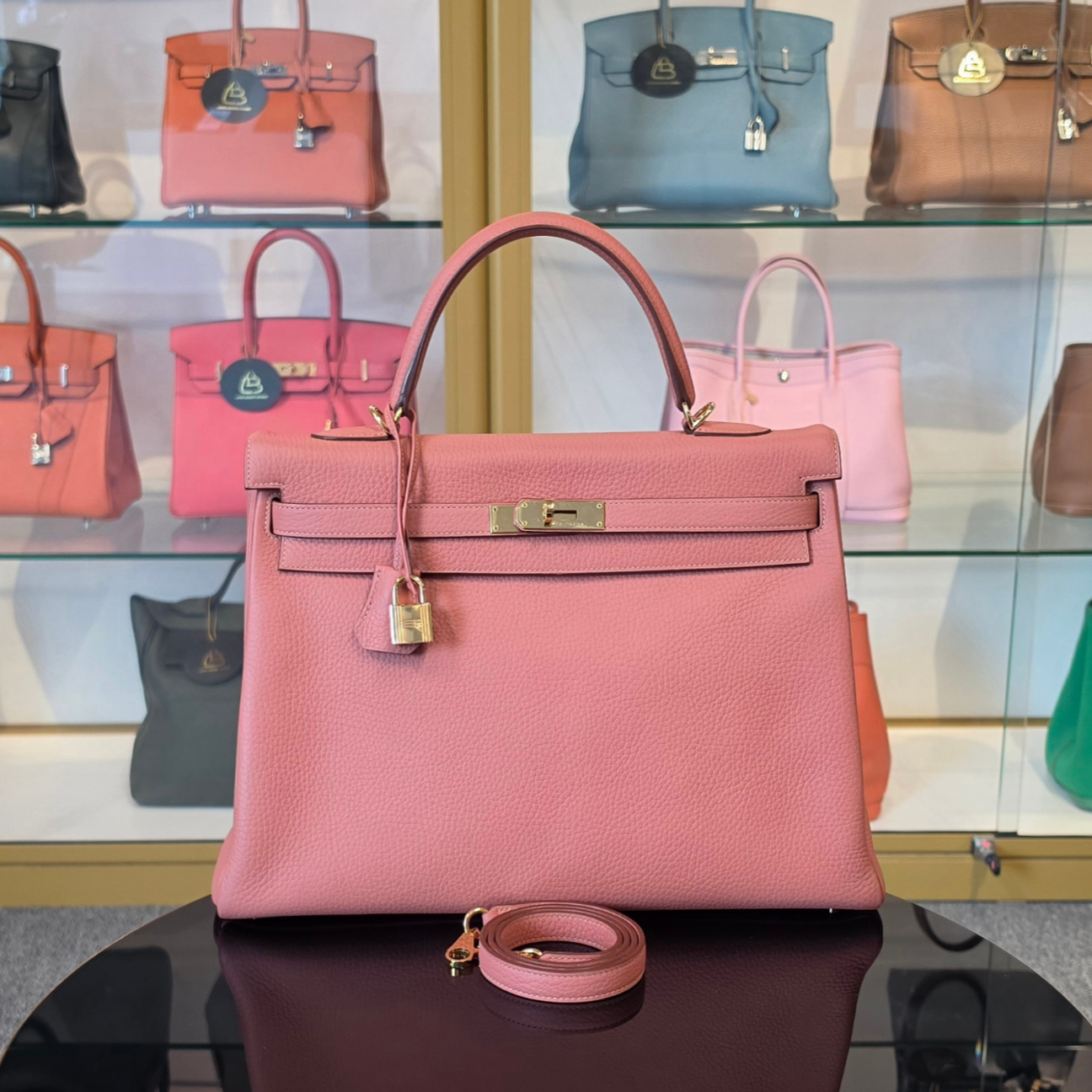 Hermes Kelly 35 Rose Tea Stiff Clemence Gold Hardware Bag
