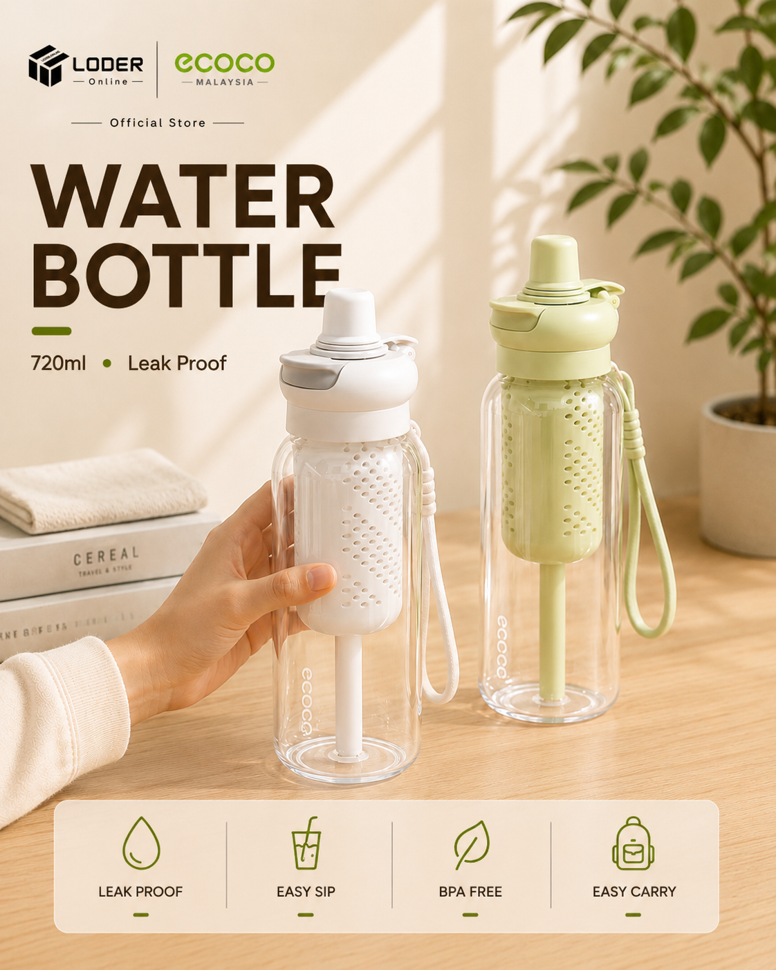 LODER ECOCO Tritan Water Bottle 720ML Leakproof Sports Bottle Tea Infuser Straw Water Cup BPA Free