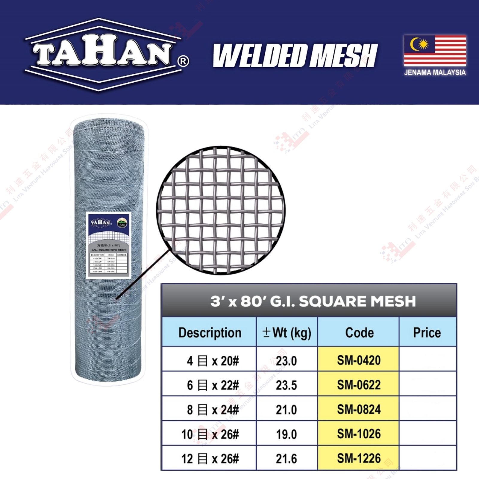 TAHAN BRAND GI SQUARE MESH - SM0420 SM0622 SM0824 SM1026 SM1226