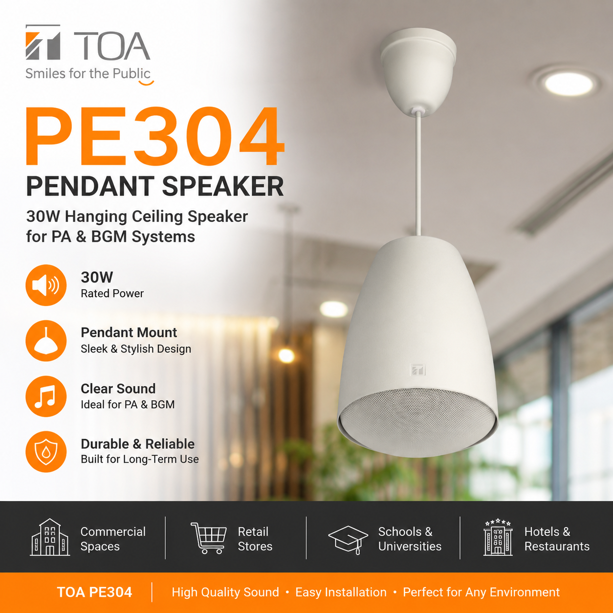 TOA PE304 Pendant Speaker – 30W Hanging Ceiling Speaker for PA & BGM Systems