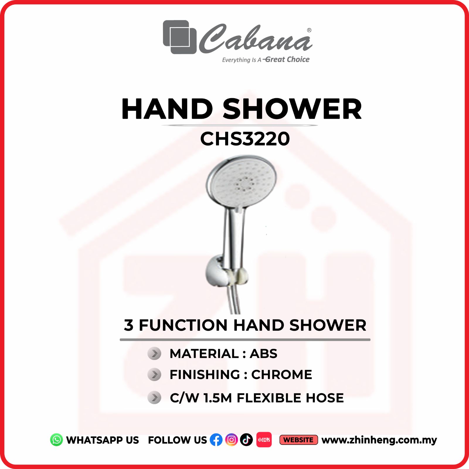 CABANA 3 FUNCTION HAND SHOWER C/W 1.5M FLEXIBLE HOSE CHS3220