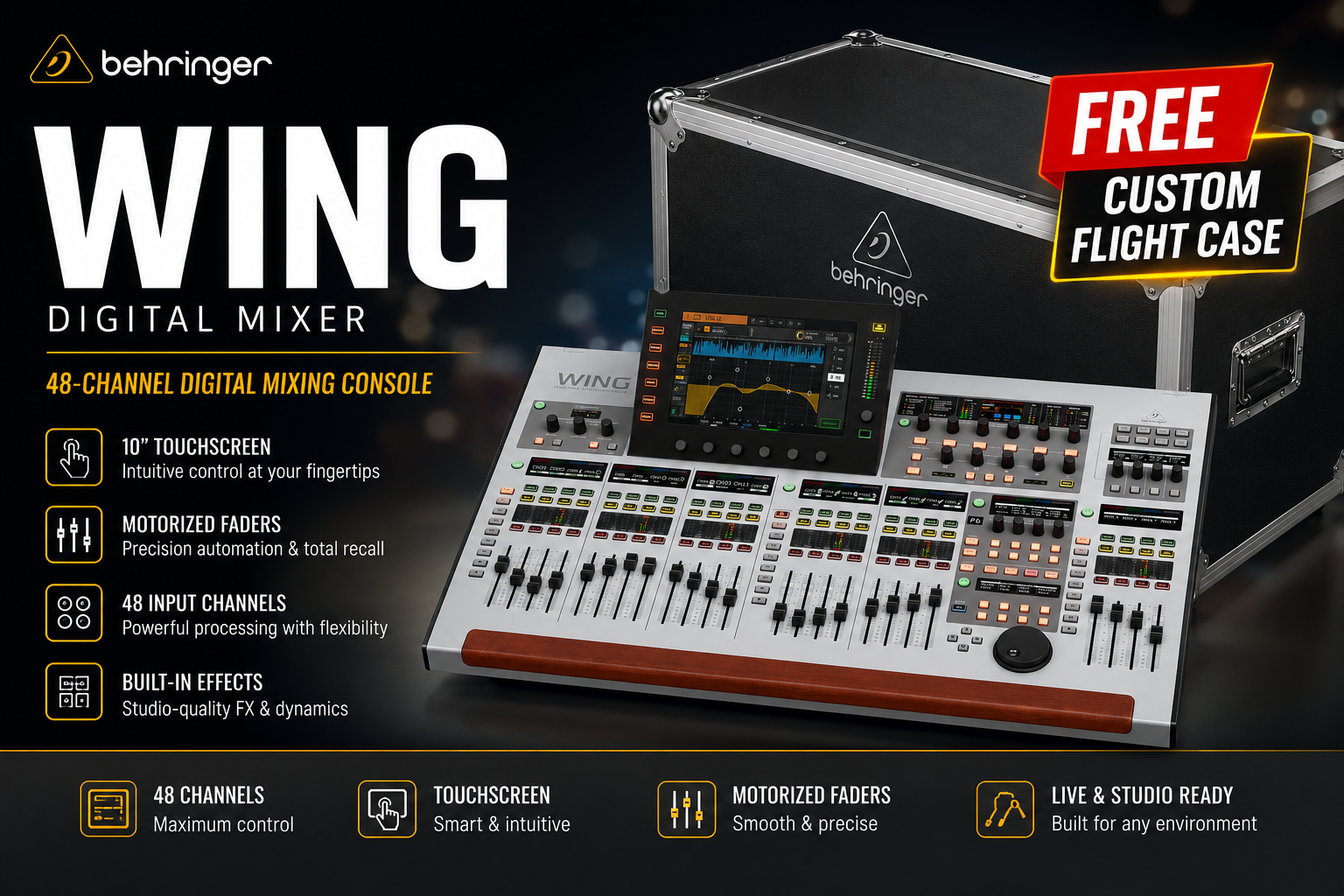 Behringer WING Pencampur Digital + Kotak Penerbangan Percuma – Konsol Pencampuran 48-Saluran dengan Skrin Sentuh & Fader Bermotor