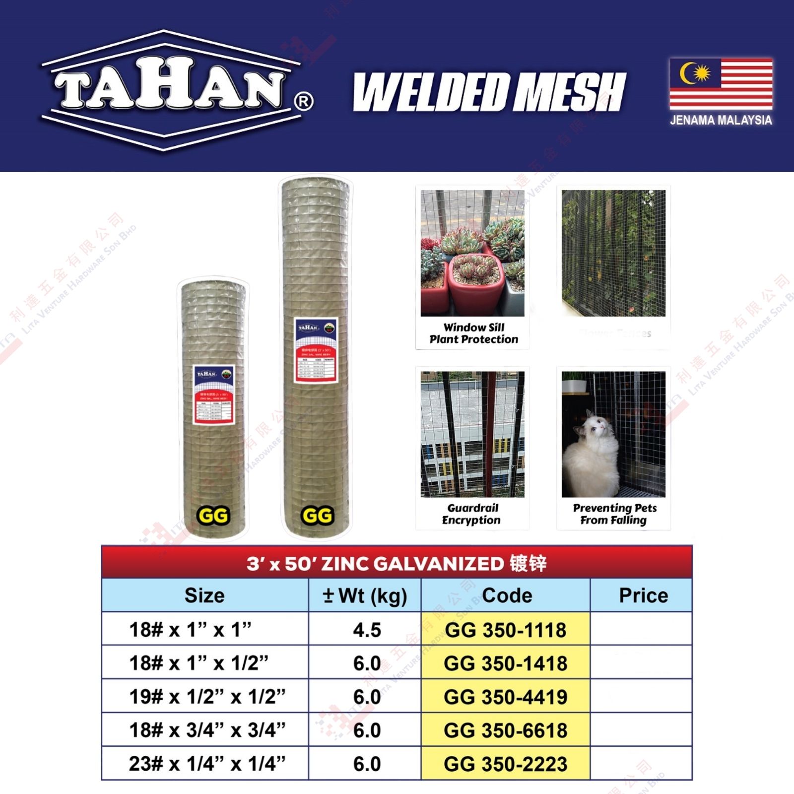 TAHAN BRAND ZINC GALVANIZED - GG3501118 GG3501418 GG3504419 GG3506618 GG3502223