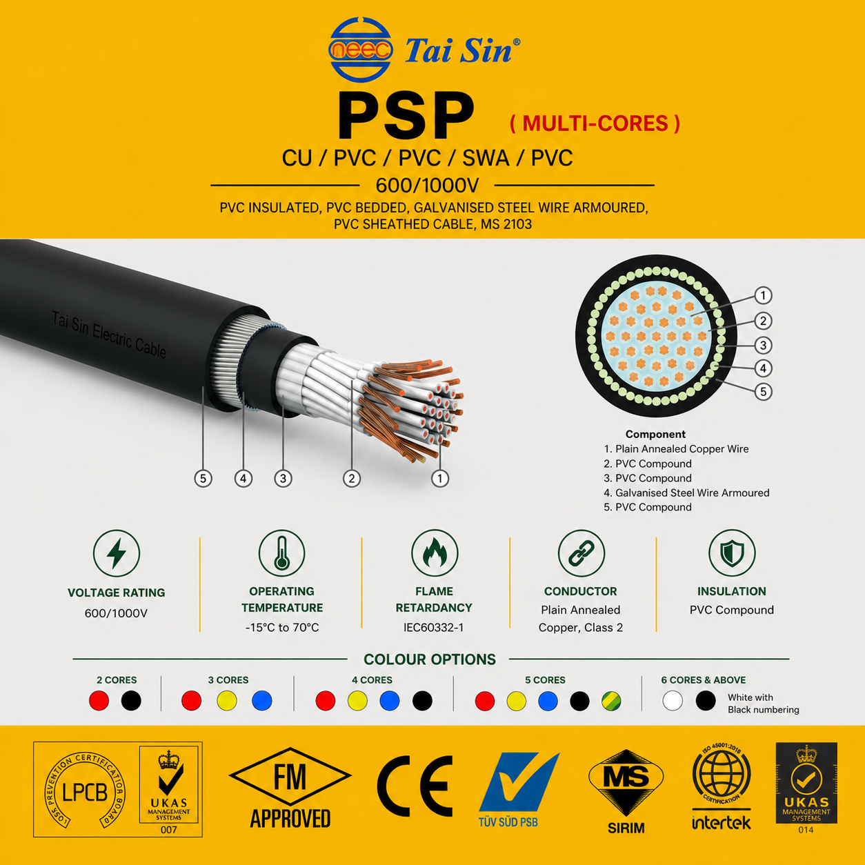 TAI SIN MULTI-CORES CU/PVC/PVC/SWA/PVC INSULATED, PVC BEDDED, GALAVANISED STEEL WIRE ARMOURED,  PVC SHEATHED CABLE 600/1000V | PCC COPPER CABLE 铜芯双塑电缆
