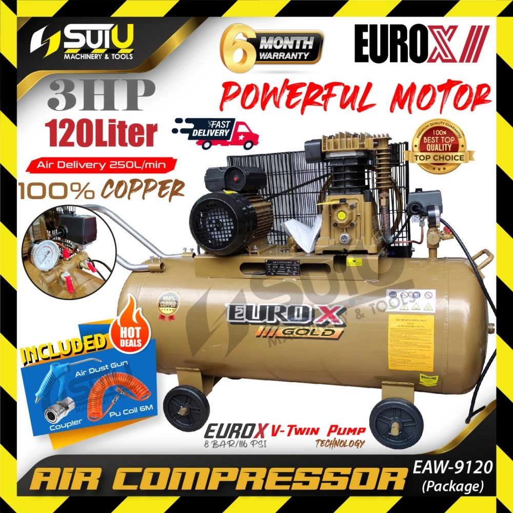 EUROX GOLD EAW9120 / EAW9120G / EAW-9120 3HP 120L Air Compressor / Kompressor 1050RPM