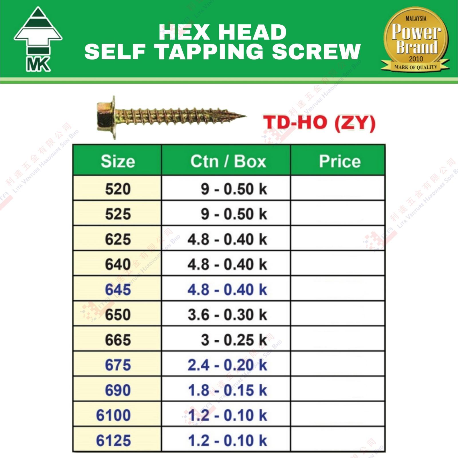 MK BRAND HEX HEAD SELF TAPPING SCREW - TDHOZY