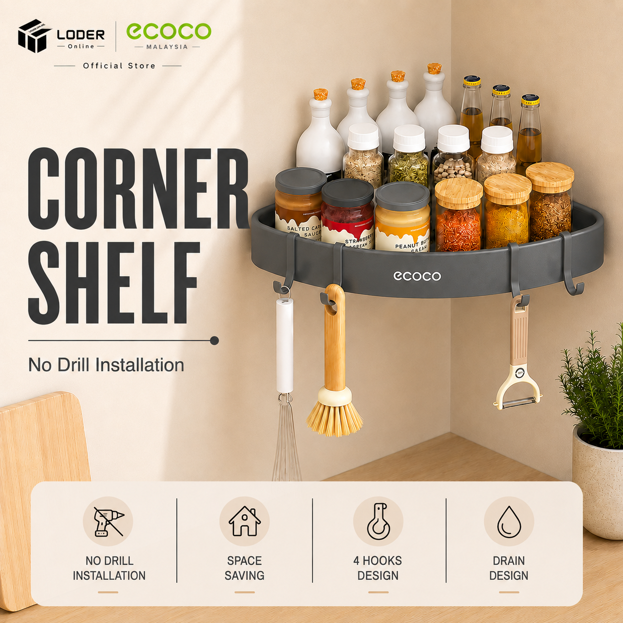 LODER ECOCO Aluminium Corner Shelf Wall Mounted Shower Shelf Bathroom Corner Rack Kitchen Storage Shelf No Drill Hooks