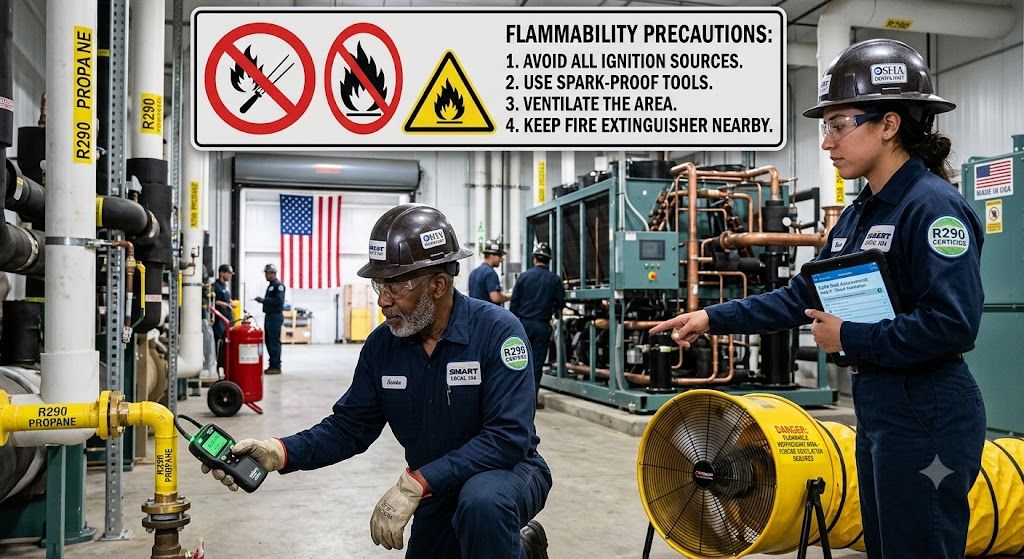 R290 industrial refrigeration flammability precautions USA